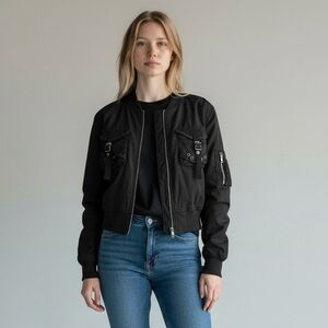 Clash Jeans USA Trendy‎ Cropped Black Bomber Utility Jacket